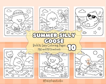 Summer Goose Coloring Pages | 10 Easy Bold Designs (Digital Download)