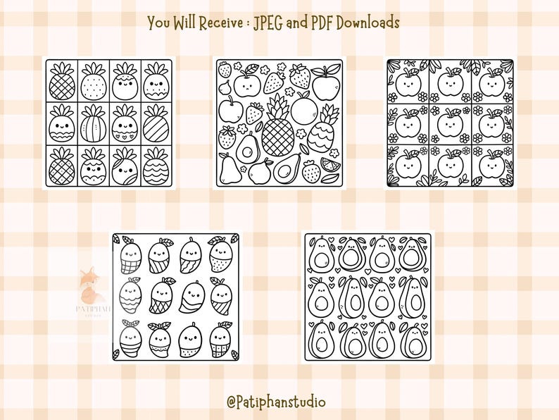 Puede incluir: Cuatro p&aacute;ginas para colorear en blanco y negro con diferentes dise&ntilde;os de frutas. Los dise&ntilde;os incluyen pi&ntilde;as, manzanas, aguacates y mangos.