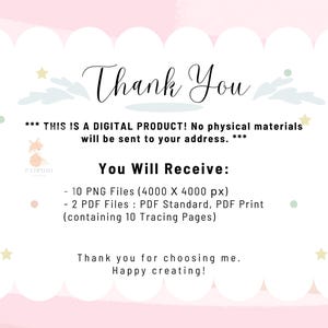 Puede incluir: Anuncio de producto digital con un borde festoneado rosa y blanco. El texto dice "Thank You" en escritura elegante, seguido de detalles sobre los archivos digitales, incluidos los formatos PNG y PDF. La imagen incluye el texto "You Will Receive:" y "Happy creating!"