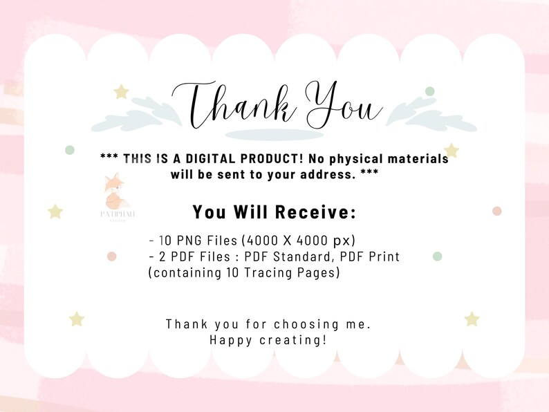 Puede incluir: Anuncio de producto digital con un borde festoneado rosa y blanco. El texto dice "Thank You" en escritura elegante, seguido de detalles sobre los archivos digitales, incluidos los formatos PNG y PDF. La imagen incluye el texto "You Will Receive:" y "Happy creating!"