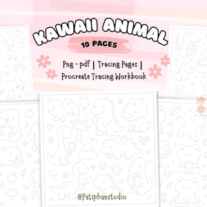 May include: A set of white tracing pages with adorable animal drawings. The title "KAWAII ANIMAL" is written in a fun font, with "10 PAGES" underneath. The text also includes "Png-pdf | Tracing Pages | Procreate Tracing Workbook".