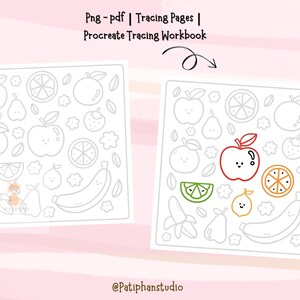 Puede incluir: Dos cuadernos de calco cuadrados con ilustraciones de frutas. Uno es un contorno en blanco y negro, el otro tiene detalles de color. El texto "Png - pdf | Tracing Pages | Procreate Tracing Workbook" est&aacute; en la parte superior y "@Patiphanstudio" en la inferior.