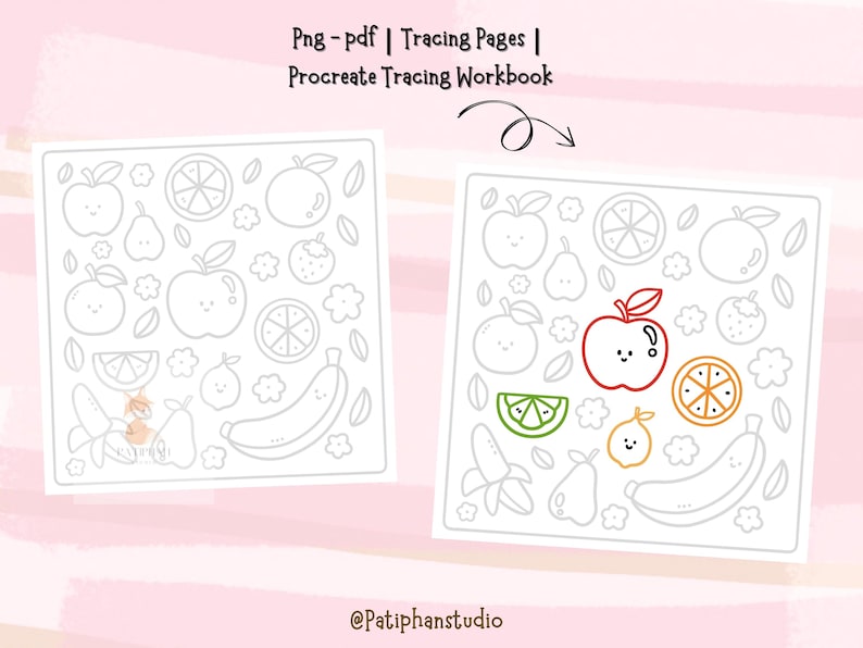Puede incluir: Dos cuadernos de calco cuadrados con ilustraciones de frutas. Uno es un contorno en blanco y negro, el otro tiene detalles de color. El texto "Png - pdf | Tracing Pages | Procreate Tracing Workbook" est&aacute; en la parte superior y "@Patiphanstudio" en la inferior.