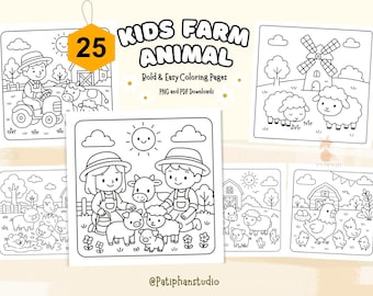 Kids Farm Animal Coloring Pages | 25 PNG & PDF (Digital Download)