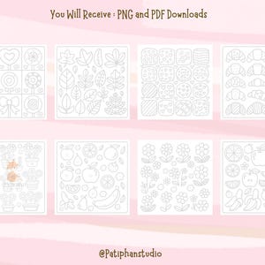 Puede incluir: Ocho ilustraciones cuadradas con dibujos lineales en blanco y negro de varios objetos. Las im&aacute;genes incluyen piruletas, hojas, galletas, cruasanes, plantas en macetas, frutas y flores. El texto en la parte superior dice "You Will Receive: PNG and PDF Downloads". El nombre del artista est&aacute; en la parte inferior.