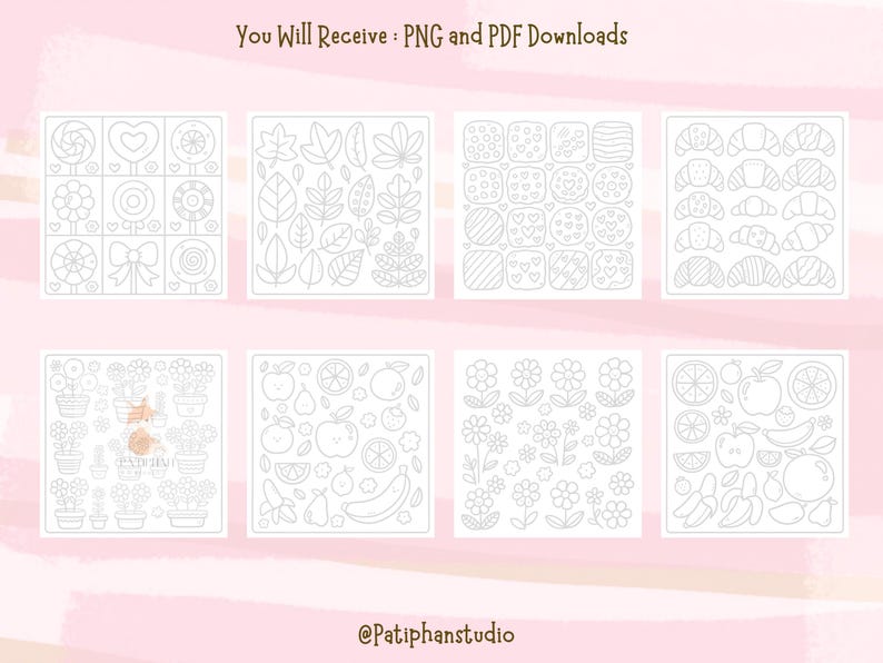 Puede incluir: Ocho ilustraciones cuadradas con dibujos lineales en blanco y negro de varios objetos. Las im&aacute;genes incluyen piruletas, hojas, galletas, cruasanes, plantas en macetas, frutas y flores. El texto en la parte superior dice "You Will Receive: PNG and PDF Downloads". El nombre del artista est&aacute; en la parte inferior.