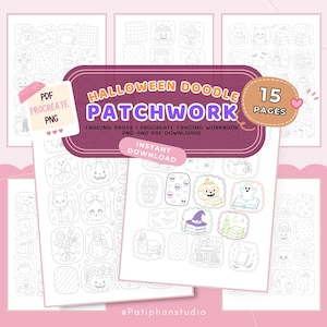 以下が含まれることがあります： ProcreateおよびPDF用のハロウィーン・ドゥードゥル・パッチワークのトレースページ15枚のデジタルコレクション。ゴースト、カボチャ、ドクロ、コウモリの輪郭が描かれています。テキストには「Halloween Doodle Patchwork, 15 Pages, PDF Procreate PNG」と書かれています。