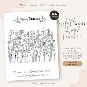 May include: A black and white printable mood tracker with a wildflower theme. The design features a floral illustration with numbered flowers and checkboxes for tracking moods such as happy, sad, and excited. The text reads "Wildflower Mood Tracker".