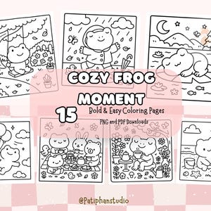 May include: A collection of 15 black and white coloring pages featuring cute frog illustrations in various cozy scenes. The text "COZY FROG MOMENT" and "Bold & Easy Coloring Pages" are displayed. The images are available as PNG and PDF downloads.