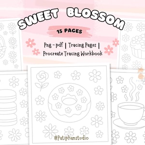 Puede incluir: Un cuaderno de trabajo digital titulado "Sweet Blossom" con 15 páginas de ejercicios de trazado. Las páginas presentan dibujos lineales de una cesta, una magdalena, macarrones, un donut y una taza de té, rodeados de flores.