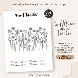 Op de afbeelding: Een afdrukbare mood tracker met een wildbloem ontwerp. De zwart-wit illustratie toont verschillende bloemen en stelen. De tracker bevat selectievakjes voor verschillende stemmingen, met de tekst "Mood Tracker" bovenaan.