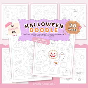 May include: A digital collection of 20 Halloween doodle tracing pages for Procreate and PDF. The sheets feature line art illustrations of ghosts, pumpkins, skulls, bats, cats, and autumn leaves. Text includes HALLOWEEN DOODLE, 20 PAGES, PDF PROCREATE PNG, and INSTANT DOWNLOAD.