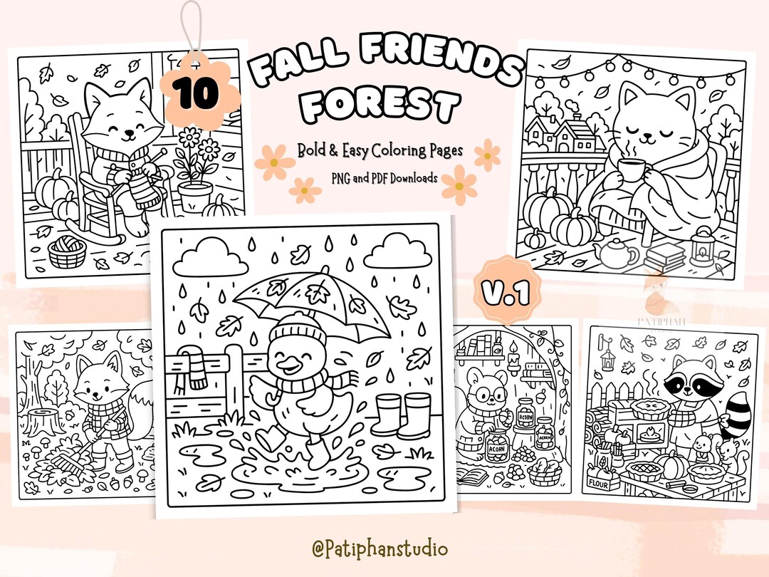 Fall Animal Coloring Pages | Relaxing Forest Friends (PNG, PDF) - Etsy