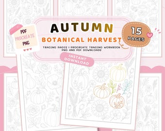 Autumn Botanical Harvest Tracing Sheets | Flower Tracing Sheets, Pattern Tracing Pages, Autumn Tracing Workbook, Pumpkin Tracing Sheets