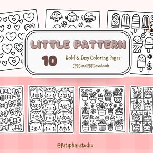 Peut inclure: Un ensemble de 10 pages à colorier en noir et blanc avec des motifs simples. Les motifs comprennent des cœurs, des nœuds, des fleurs, des animaux, des cornets de glace et des gâteaux. Le titre "Little Pattern 10" est en haut de la page.