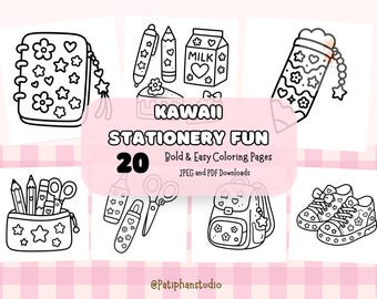 Coloriages de papeterie kawaii | 20 designs audacieux et faciles (téléchargement numérique)