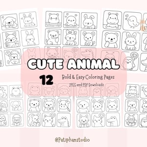 May include: A set of 12 black and white colouring pages featuring cute animals. The pages are designed for easy colouring and include a variety of animals such as a penguin, a frog, a cat, a dog, a hippopotamus, a rabbit, a crocodile, and a tiger. The text "CUTE ANIMAL" and "Bold & Easy Coloring Pages" is included on the page.