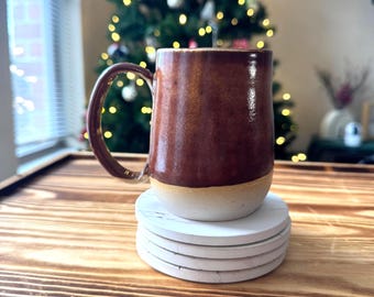 Handmade Ceramic Mug – Rich Chestnut Brown with Natural Clay Base