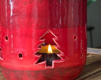 Rustic Red Ceramic Candle Holder – Holiday Tree Cutout Design
