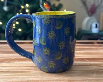 Handmade Ceramic Mug – Blue & Yellow Citrus Design