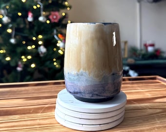 Handmade Ceramic Cup – Warm Gold with Ocean Blue Base