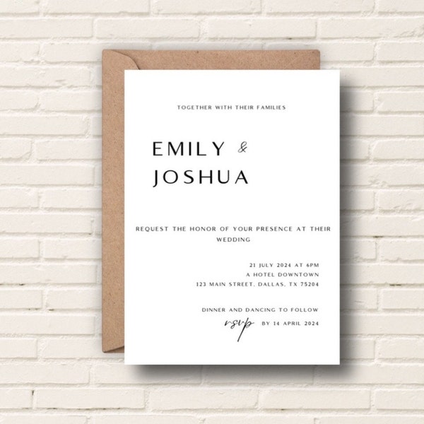 Simple Wedding Invitation | Black and White | Flat Invitation | DIGITAL Download |  Personalized | Printable