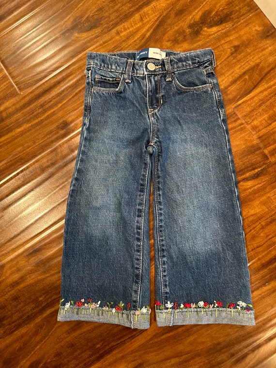 LandLCreationsUS Old Navy Wide Leg Jeans for Little Girls with Elegant Embroidery Embellishments
