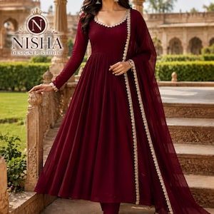 Red anarkali gown with trouser and dupatta mirror lace border Indian style women dresses party wear ethnic ready to wear mal chanderi set