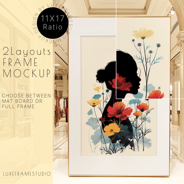 Premium-Grand-Frame-Mockup-Bundle im Verhältnis 11x17 für Luxus-Modeboutique, matt/vollständig, 2 Layouts, hochauflösendes, bearbeitbares PSD-Rahmen-Mockup mit 300 DPI