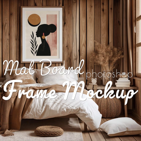 5x7 Ratio Mat Board Frame Mockup, High-Res Editable PSD, Cozy Cabin Bedroom Style Frame Mockup, Thin Wooden Frame with White Frame Mat
