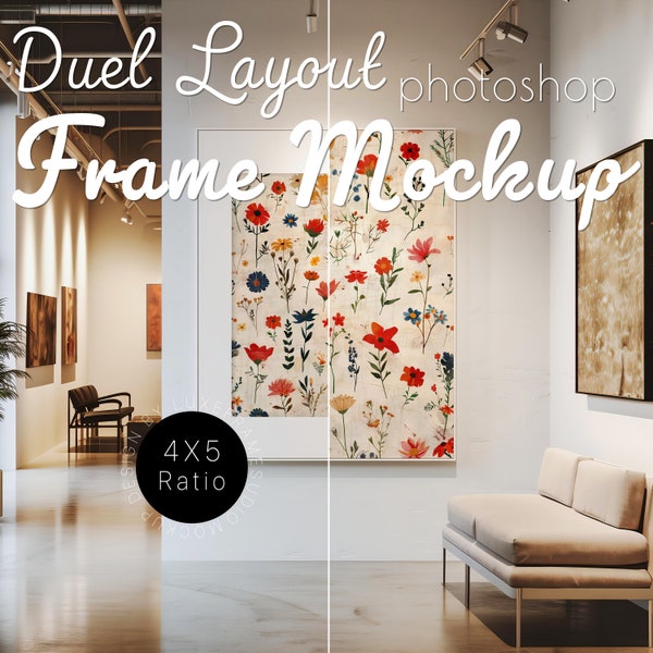 Urban Chic Art Gallery Grand Frame Mockup Bundle, 4x5 Ratio High-Res  300DPI Editable  Two PSDs Frame Mockup Set, Full/Mat Options Frame