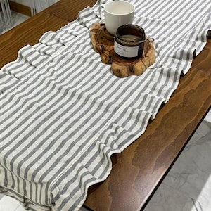 Striped vintage Cotton Linen Table Runner with ruffle,Gray stonewashed Linen Table  runner,40*135 cm,wedding table runner