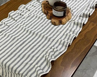 Striped Cotton Linen Table Runner with Ruffle - Gray Stonewashed Vintage Style