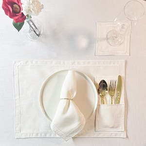 White Embroidered Linen Placemat Set – Minimalist Cotton Blend Table Mats, Handcrafted Neutral Table Decor, Farmhouse Dining,custom napkins