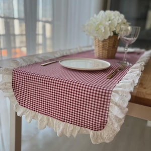 Op de afbeelding: Een rood-wit geblokte tafelloper met witte kanten rand. Een wit bord, bestek en een glas staan op de loper. Een mand met witte bloemen staat op de achtergrond.