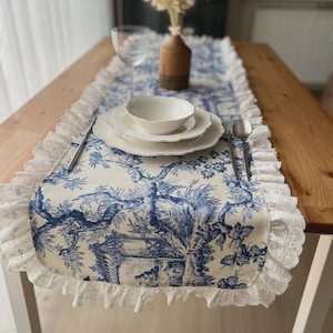 Vintage  pattern Table Runner – 45*130 cm – Lace & Ruffle Edge, Handmade Rustic Farmhouse Decor, Fisto Frill Table Linen,custom table runner
