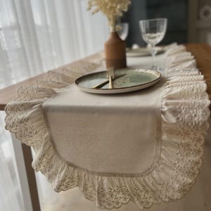 100% Cotton Linen Table Runner,Handmade Lace & Frill Decor,Rustic Natural Farmhouse Style 45x140 cm,custom table runner,frilled table runner