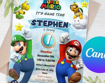 Super Mario verjaardagsuitnodiging | Verjaardagsuitnodiging | Super Mario-uitnodiging | Bewerkbare afdrukbare Mario uitnodiging verjaardagssjabloon