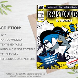 May include: A printable 5x7 inch invitation for a superhero themed birthday party. The invitation features a cartoon image of Batman in a yellow, blue, and black comic book style. The text on the invitation reads "Calling all superheroes! Kristoffer is turning 5".