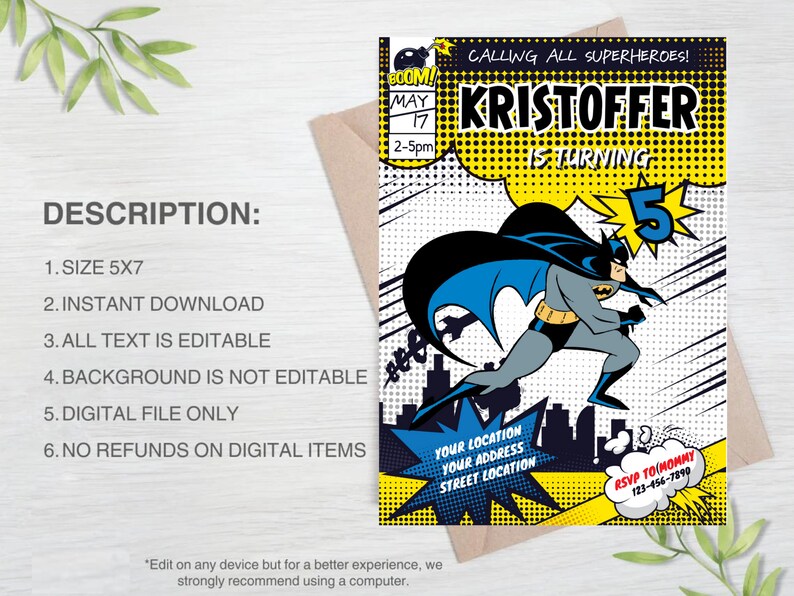 May include: A printable 5x7 inch invitation for a superhero themed birthday party. The invitation features a cartoon image of Batman in a yellow, blue, and black comic book style. The text on the invitation reads "Calling all superheroes! Kristoffer is turning 5".