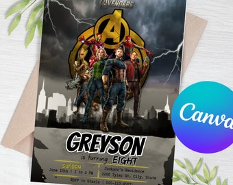 Bewerkbare Avengers verjaardagsuitnodiging sjabloon, afdrukbare Avengers verjaardagsuitnodigingen, digitale kinderfeestuitnodiging, bewerkbaar in Canva