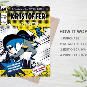 May include: A comic book style birthday invitation featuring a cartoon image of Batman in a superhero pose. The invitation is for a boy named Kristoffer who is turning five. The invitation has a yellow and black colour scheme with a red and white "BOOM!" graphic in the top left corner. The text "CALLING ALL SUPERHEROES!" is at the top of the invitation. The text "RSVP TO MOMMY 123-456-7890" is in the bottom right corner.