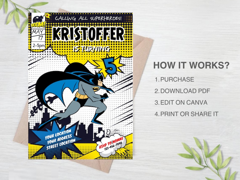 May include: A comic book style birthday invitation featuring a cartoon image of Batman in a superhero pose. The invitation is for a boy named Kristoffer who is turning five. The invitation has a yellow and black colour scheme with a red and white "BOOM!" graphic in the top left corner. The text "CALLING ALL SUPERHEROES!" is at the top of the invitation. The text "RSVP TO MOMMY 123-456-7890" is in the bottom right corner.