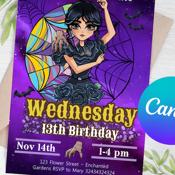 Wednesday Addams Birthday Invitation Template, Wednesday Digital Invitation, Wednesday Party, Kid Invite, Girl Invite, Addams Family invite