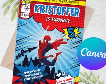 Plantilla editable de invitación de cumpleaños de Spider Man, invitaciones imprimibles a fiesta de cumpleaños de superhéroes, invitación a fiesta digital para niños, tarjeta de cumpleaños