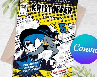 Editable Superhero Invitation Template | bat guy Party | Kids Birthday Invitation | boy and girl party| Print and/or Electronic Invite