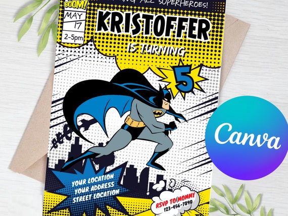 Editable Superhero Invitation Template | bat guy Party | Kids Birthday Invitation | boy and girl party| Print and/or Electronic Invite