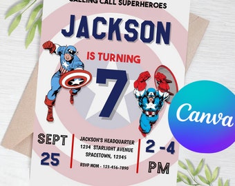 Captain America Birthday Invitations, Super Hero Birthday invite, Boy Birthday Party, Digital Captain America Party Invite, Canva Template