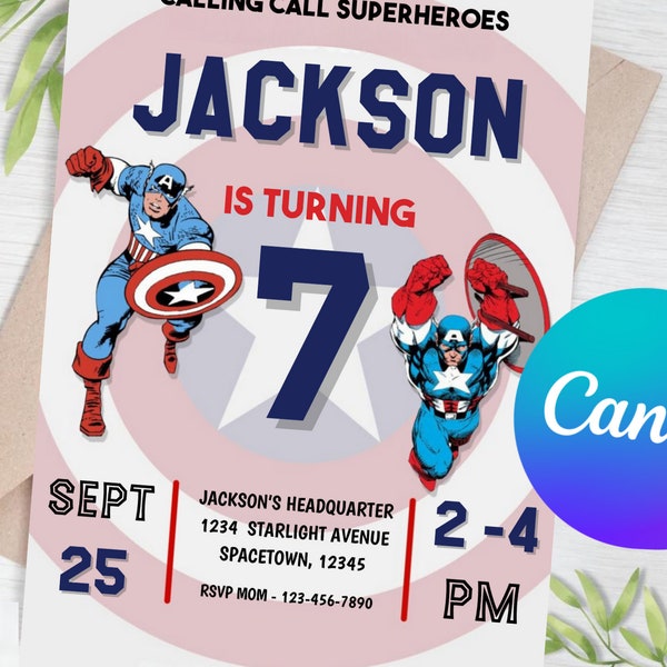 Captain America Birthday Invitations, Super Hero Birthday invite, Boy Birthday Party, Digital Captain America Party Invite, Canva Template