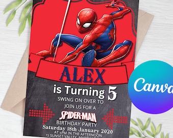 Plantilla editable de invitación de cumpleaños de Spider Man, invitaciones imprimibles a fiesta de cumpleaños de superhéroes, invitación a fiesta digital para niños, tarjeta de cumpleaños